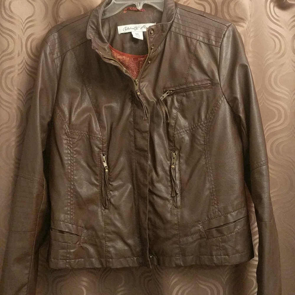Celebrity Pink Brown Moto Faux Leather Coat. Size XL